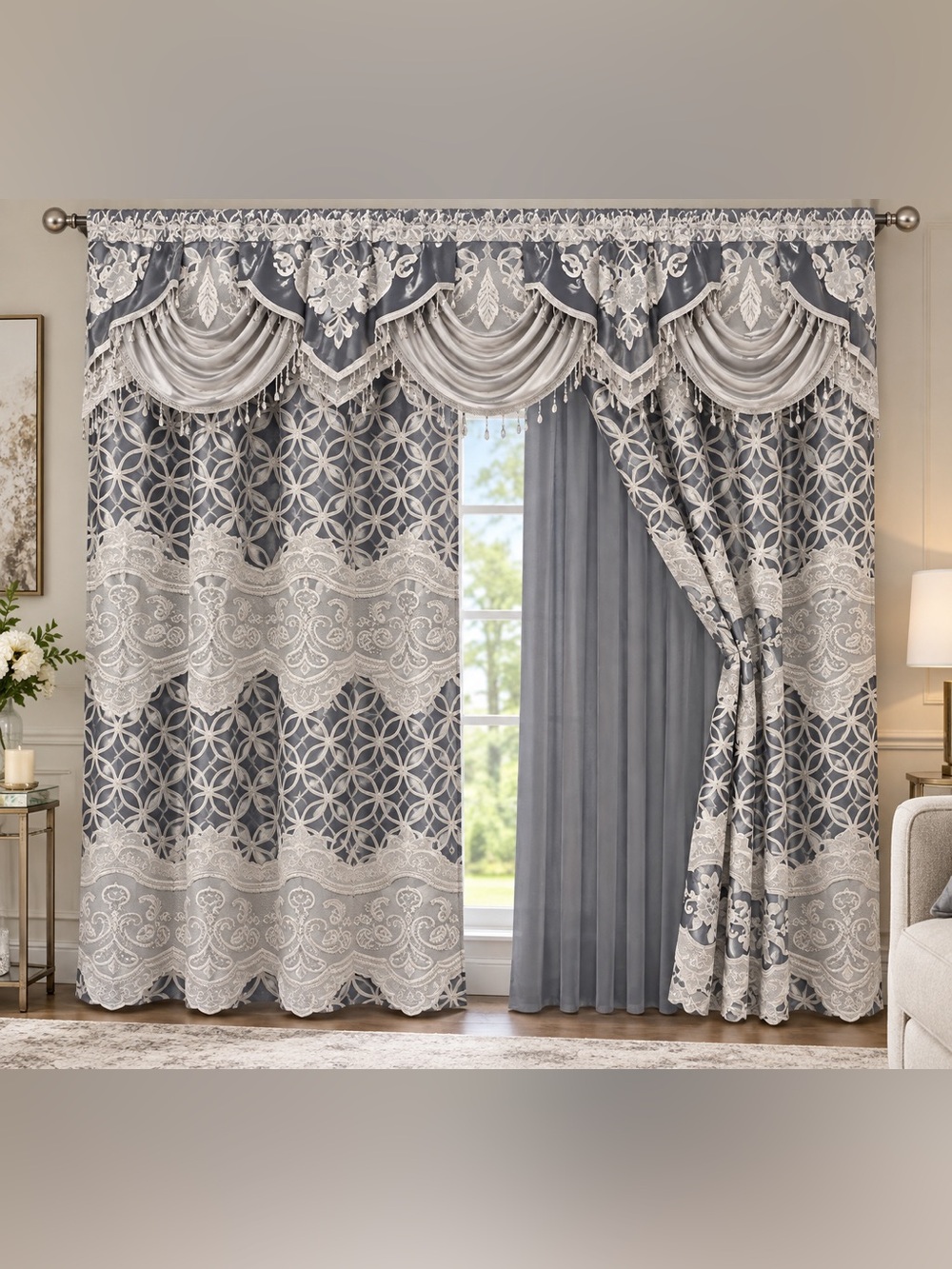 Elegant Lace-Trim Grey Window Curtain with valance attached